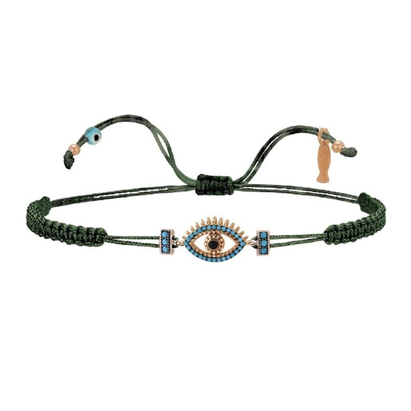 Bracciale Filo Macramè Verde con Occhio a sfere azzurre